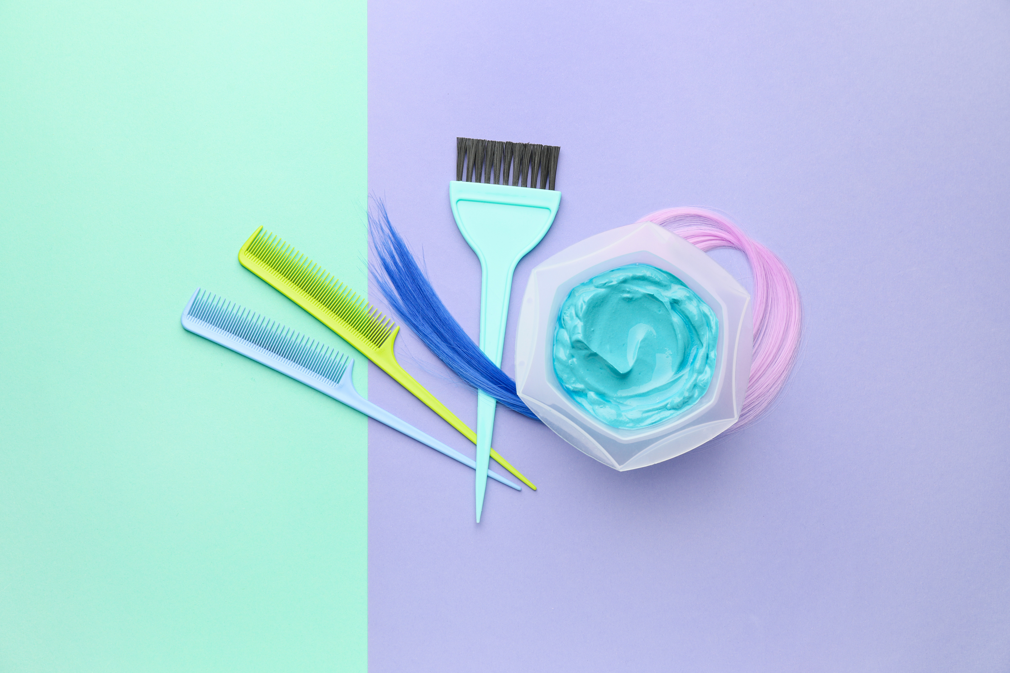 Supplies for Hair Coloring on Color Background